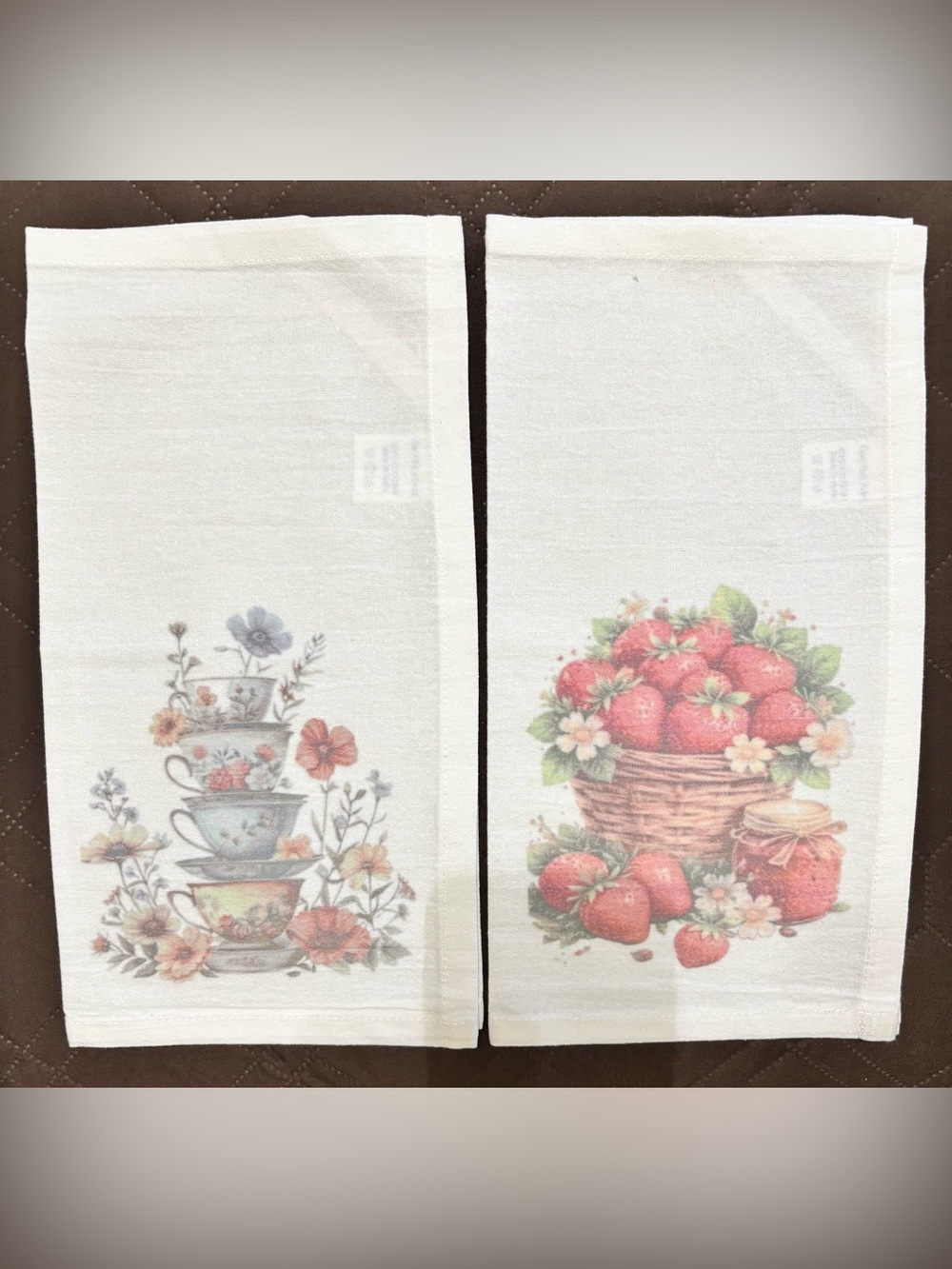 NEW White Floral Tea Cup & Strawberry Kitchen TeaTowels - Set of 2